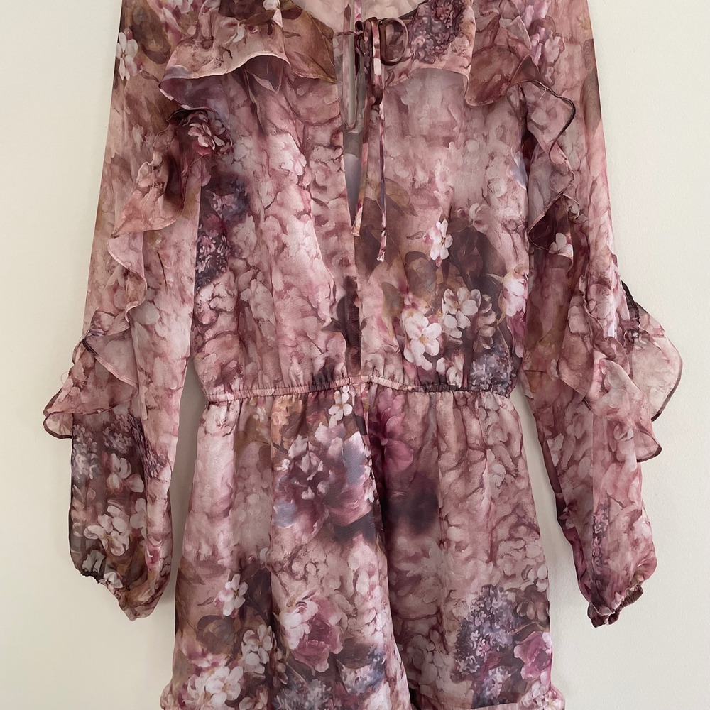 Floral Print Romper Chiffon‎ Ruffle Tie Neck Long Sleeve Women's Size M - Picture 7 of 13